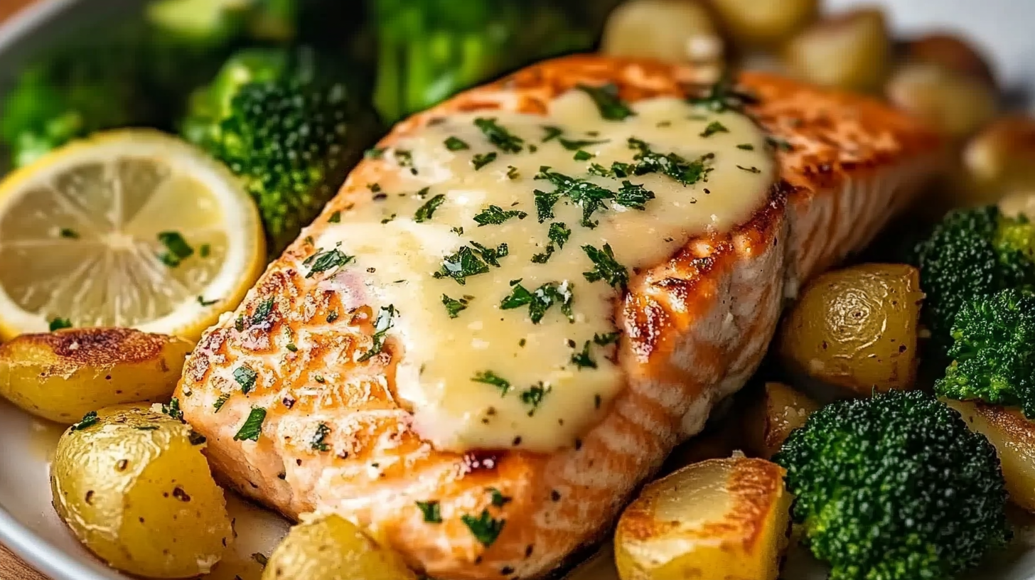 A sheet pan meal featuring lemon butter salmon fillets with roasted crispy potatoes and broccoli florets.