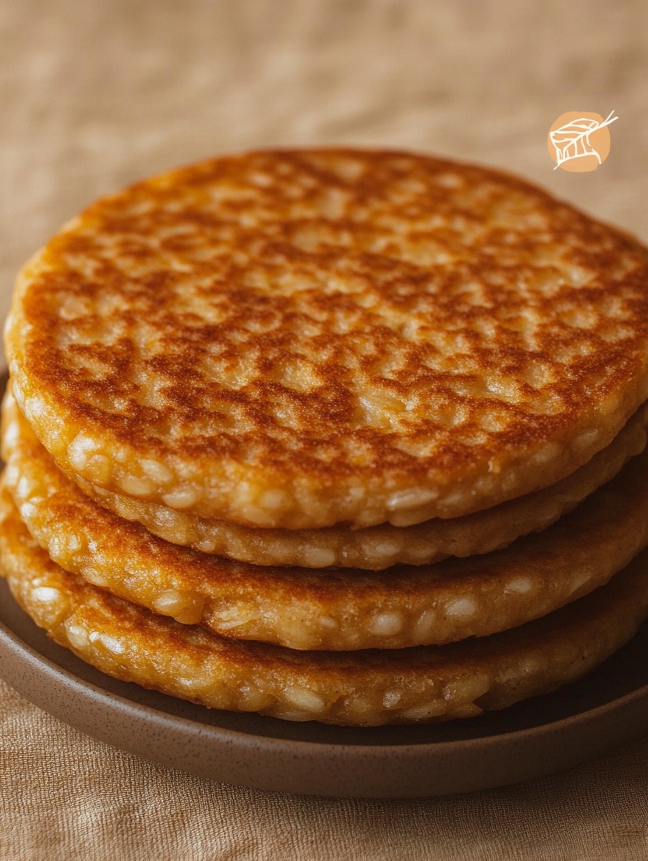 Pila de hotcakes dorados de zanahoria y avena servidos sobre plato marrón, con textura esponjosa y dorada.
