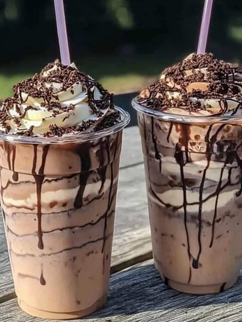 Deliciosos cafés fríos con crema batida y chocolate derretido servidos en vasos transparentes al aire libre.