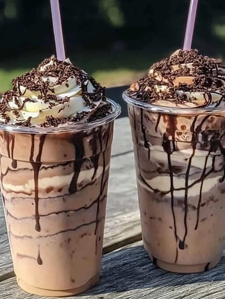 Deliciosos cafés fríos con crema batida y chocolate derretido servidos en vasos transparentes al aire libre.