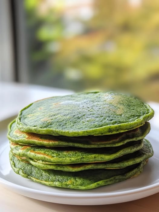 Pila de tortitas de espinacas verdes y vibrantes en un plato blanco en España.