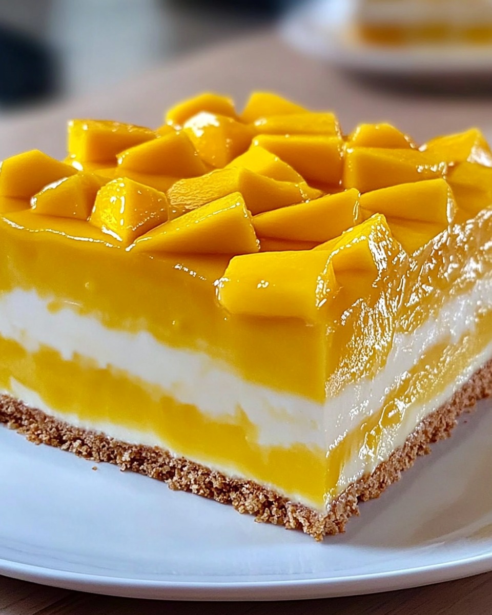 Carlota de mango casera con capas cremosas y trozos de mango fresco sobre una base crujiente de galleta.