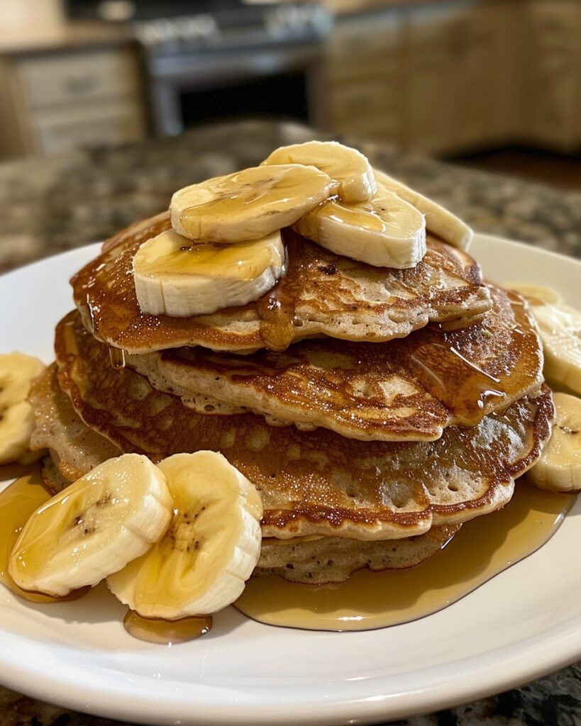 A stack of golden brown cottage cheese banana oat pancakes topped with fresh banana slices and drizzled with maple syrup on a white plate.
