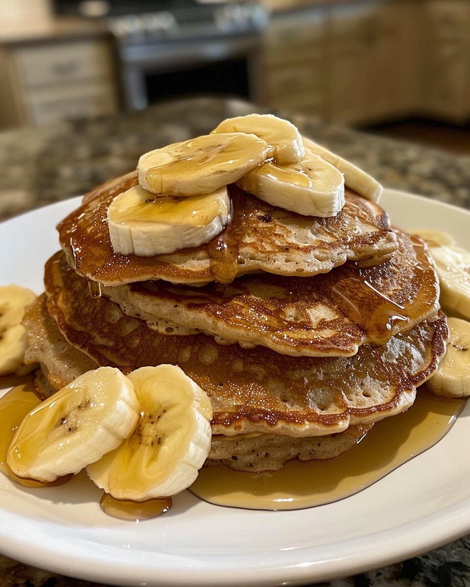 A stack of golden brown cottage cheese banana oat pancakes topped with fresh banana slices and drizzled with maple syrup on a white plate.
