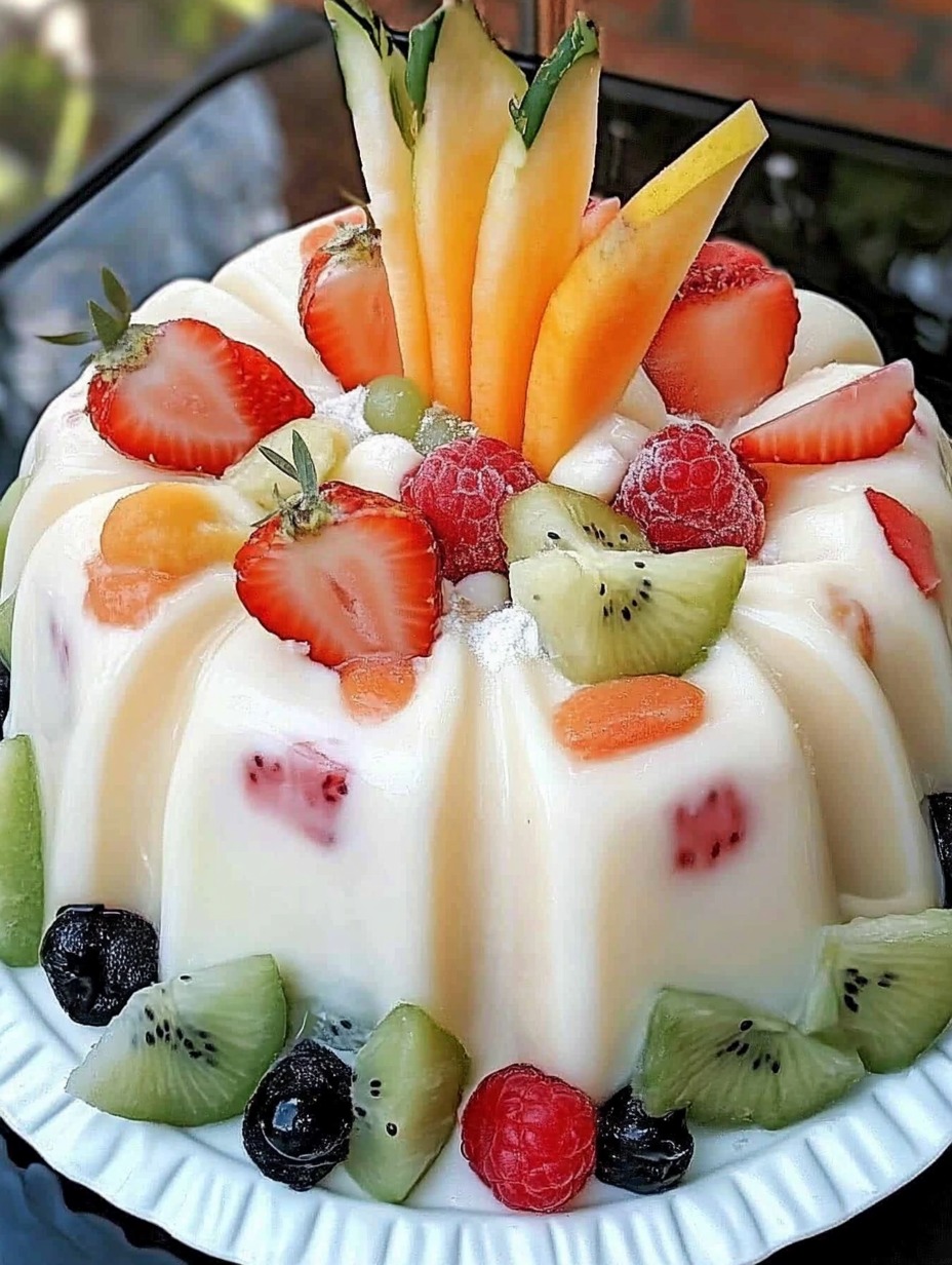 Gelatina de queso crema decorada con frutas frescas como fresas, kiwi, frambuesas y melón.