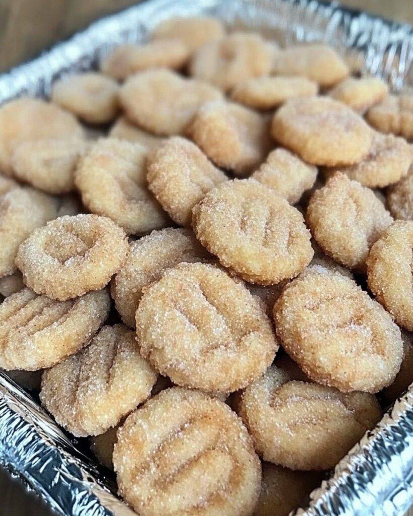 Galletas hojarascas mexicanas espolvoreadas con azúcar y canela en un recipiente de aluminio.