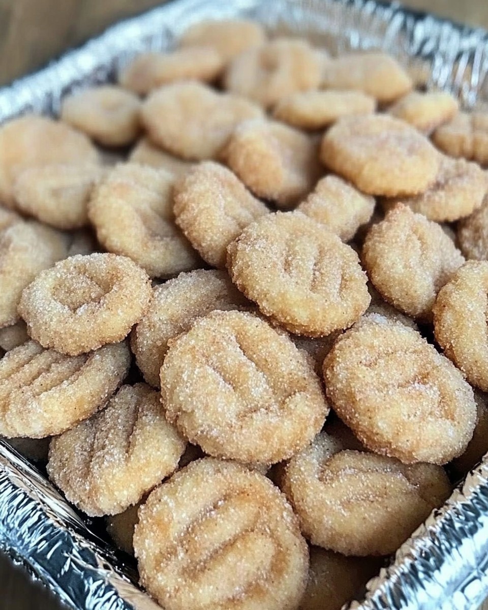 Galletas hojarascas mexicanas espolvoreadas con azúcar y canela en un recipiente de aluminio.