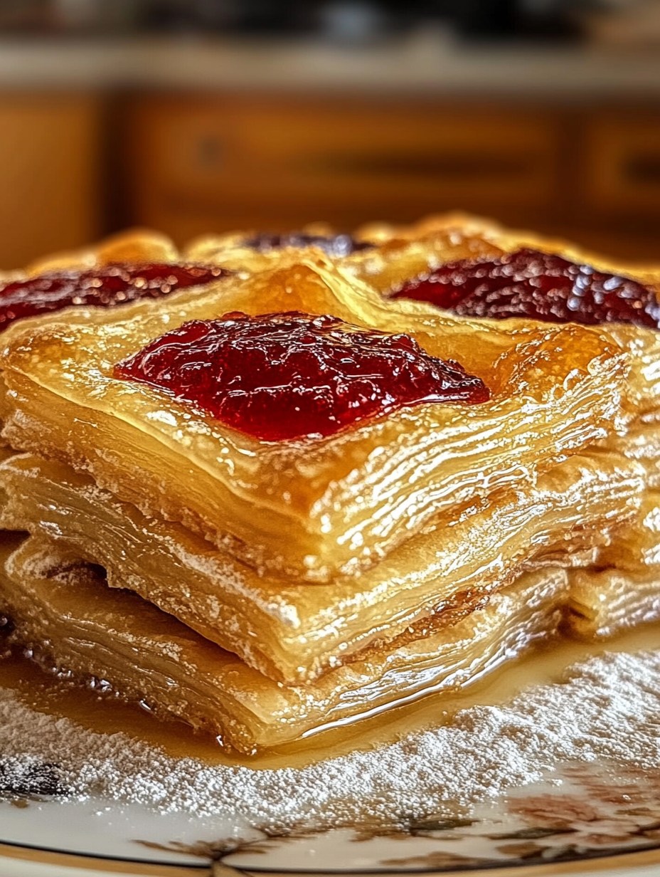 Cuadraditos de Pasta Frola con masa hojaldrada dorada y relleno de dulce de membrillo, servidos sobre un plato decorado con azúcar impalpable.