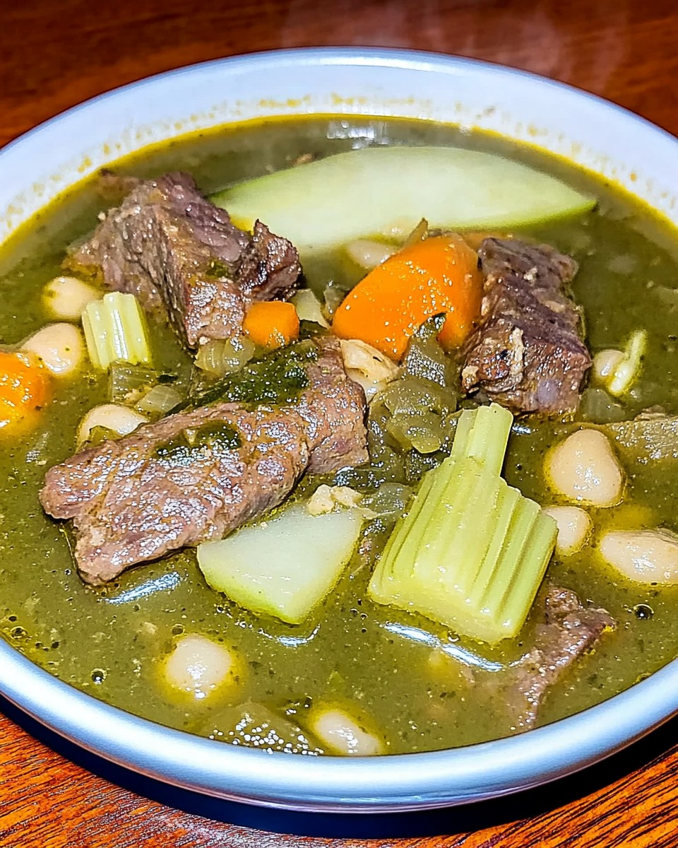 Plato hondo de sopa de menestrón con carne de res, zanahorias, apio, papas y frijoles en un caldo espeso de color verde.