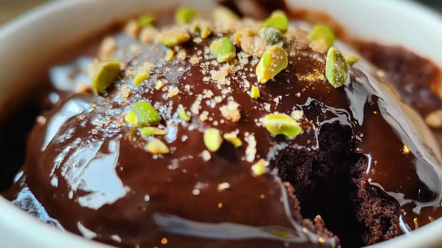 Homemade chocolate mug cake topped with pistachios and melted chocolate chips in a white ceramic mug on a wooden surface