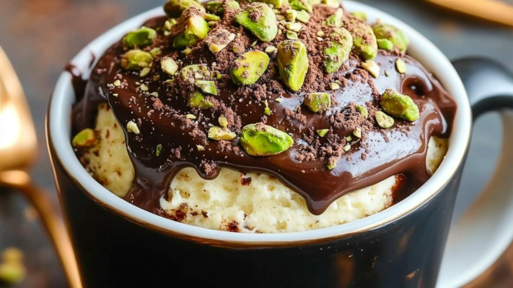 Steaming chocolate mug cake with melted chocolate center, topped with chopped green pistachios and a light dusting of cocoa powder in a white ceramic mug