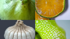 Chayotes frescos enteros y cortados mostrando su pulpa verde clara, dispuestos sobre una superficie de madera rústica con hierbas aromáticas