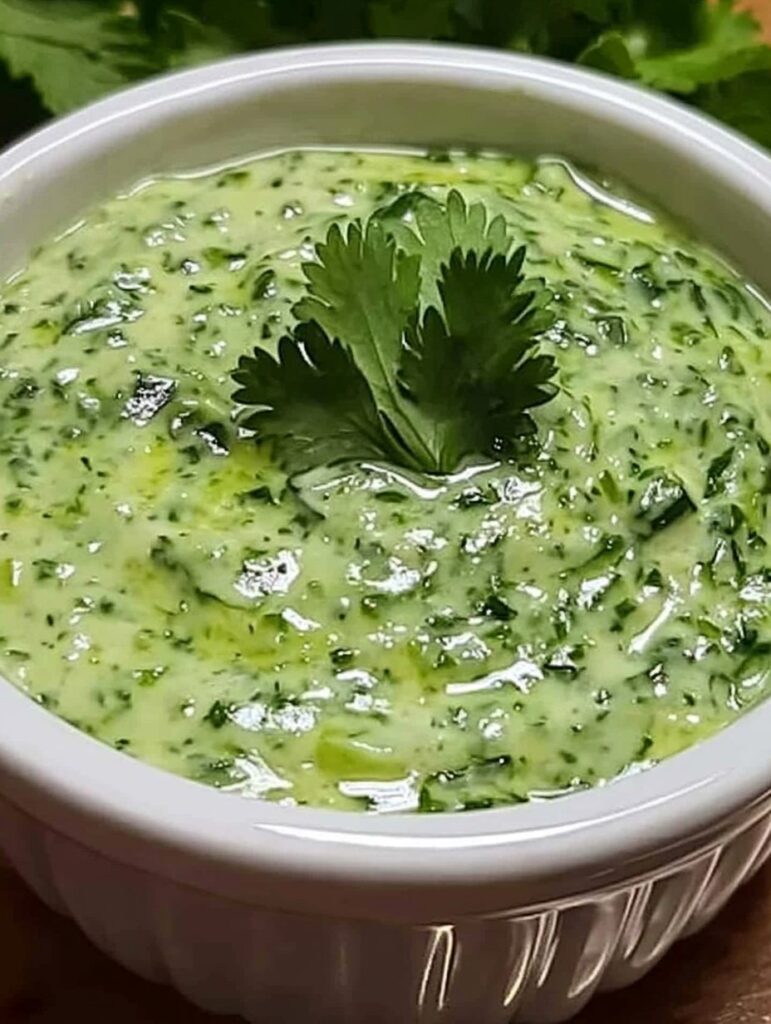 Aderezo casero de cilantro y limón servido en un tazón blanco, con textura cremosa y decorado con hojas de cilantro fresco.