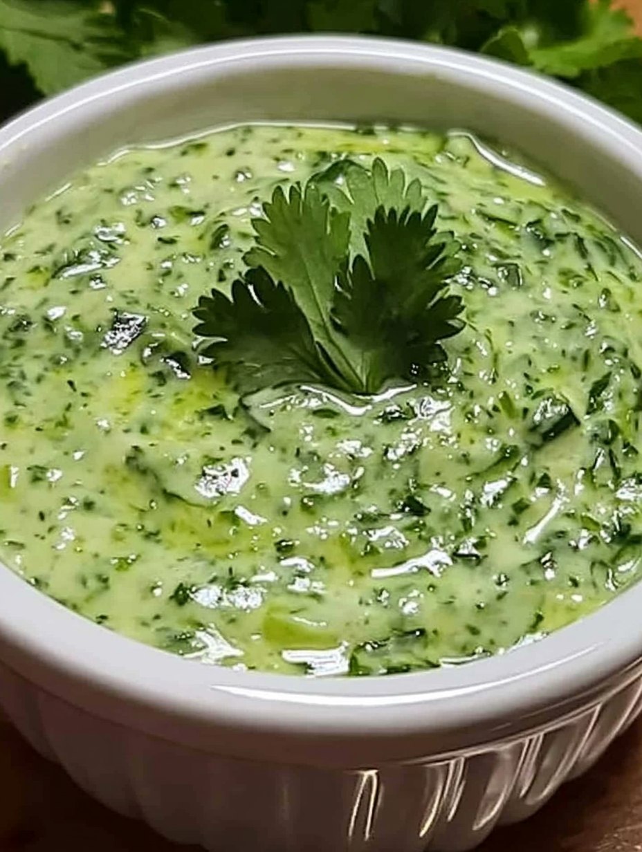 Aderezo casero de cilantro y limón servido en un tazón blanco, con textura cremosa y decorado con hojas de cilantro fresco.