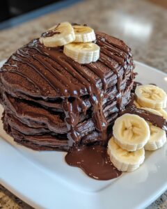 Panqueques de chocolate apilados con rodajas de plátano encima, bañados en salsa de chocolate, servidos sobre un plato blanco.
