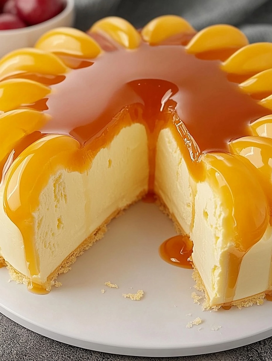 Pay de queso cremoso decorado con gelatina de durazno y caramelo, servido sobre un plato blanco.