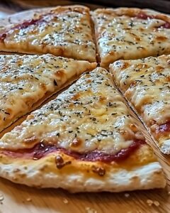 Pizza de avena saludable en rebanadas con queso derretido y orégano, servida sobre tabla de madera.