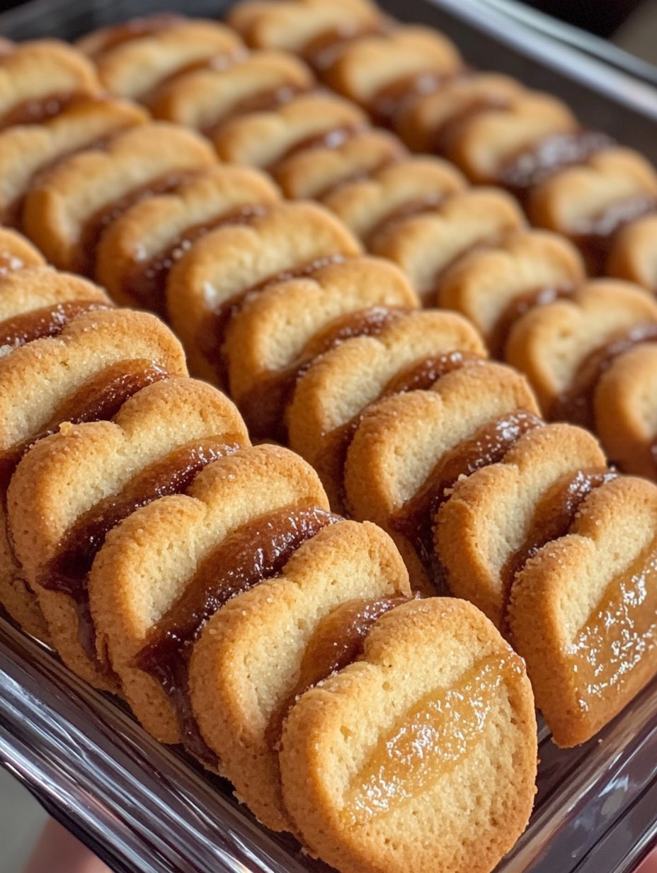 Galletas de mantequilla caseras rellenas con dulce de leche, dispuestas en fila sobre una bandeja.