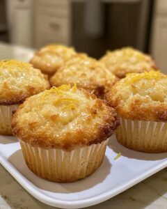 Panecillos caseros de cottage y almendra dorados, servidos en una bandeja blanca, decorados con ralladura de limón fresca.