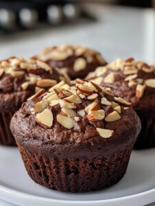 Muffins de chocolate saludables con almendras laminadas sobre un plato blanco.