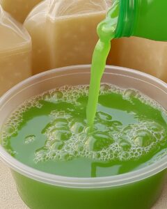 Jabón líquido casero de color verde siendo vertido en un recipiente de plástico con envases llenos en el fondo.
