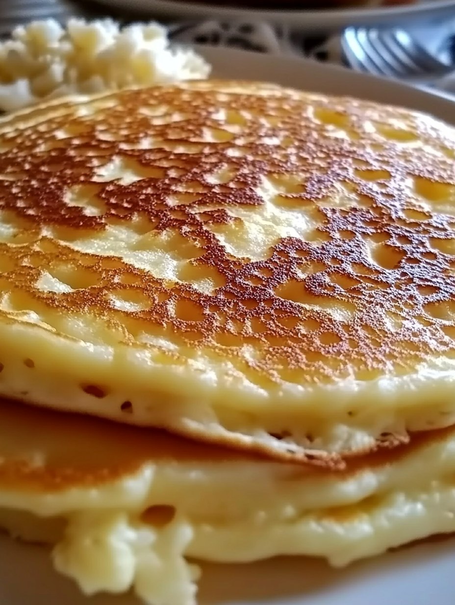 Pancakes saludables de queso cottage esponjosos y dorados sobre un plato blanco