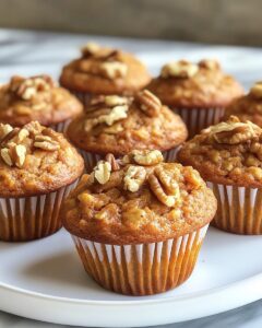 Muffins fit de queso cottage y zanahoria con nueces, recién horneados sobre plato blanco