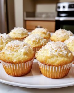 Bizcochitos esponjosos de cottage cubiertos con coco rallado, servidos en capacillos blancos sobre un plato blanco.