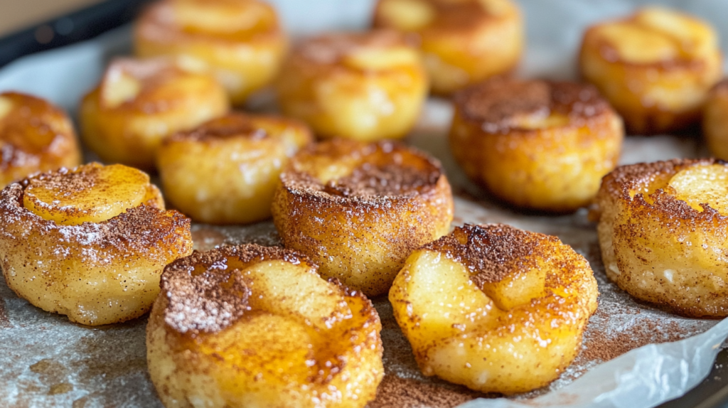 Golden brown cinnamon apple cottage cheese pancake bites arranged on a white plate with diced apples and cinnamon sticks, showing fluffy texture and bite-sized portions