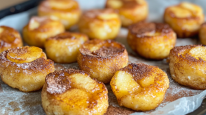Golden brown cinnamon apple cottage cheese pancake bites arranged on a white plate with diced apples and cinnamon sticks, showing fluffy texture and bite-sized portions
