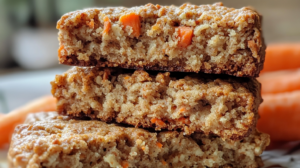 Stack of golden-brown carrot cake breakfast cookies with visible shreds of carrot and chopped walnuts on a wooden serving board