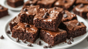 Stack of three fudgy cottage cheese protein brownies on a white plate with chocolate chips scattered around and a glass of milk in the background