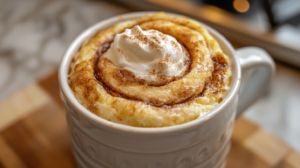 Fluffy cottage cheese cinnamon roll mug cake with cinnamon swirl and white glaze drizzle in a white ceramic mug
