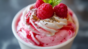 Creamy Greek yogurt raspberry protein smoothie in a glass with fresh raspberries and oats scattered around the base