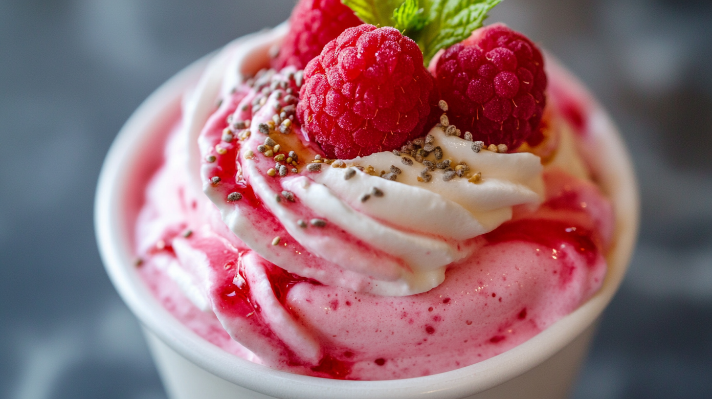 Creamy Greek yogurt raspberry protein smoothie in a glass with fresh raspberries and oats scattered around the base