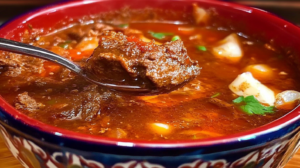 Sabroso plato de Birria de Res en Caldo servido en un tazón tradicional de barro, con carne jugosa, caldo rojizo brillante, guarnición de cebolla fresca, cilantro y limones