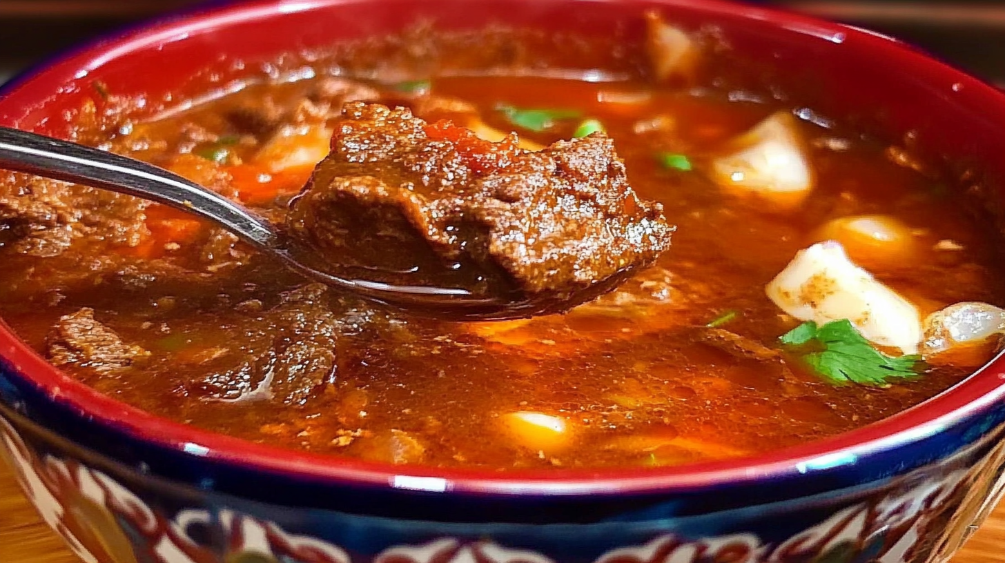 Sabroso plato de Birria de Res en Caldo servido en un tazón tradicional de barro, con carne jugosa, caldo rojizo brillante, guarnición de cebolla fresca, cilantro y limones