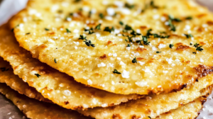Golden brown low carb garlic keto flatbread on parchment paper with melted garlic butter and fresh parsley garnish