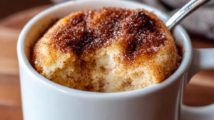 Churro-Style Cinnamon Sugar Cottage Cheese Mug Cake topped with cinnamon sugar in a blue ceramic mug
