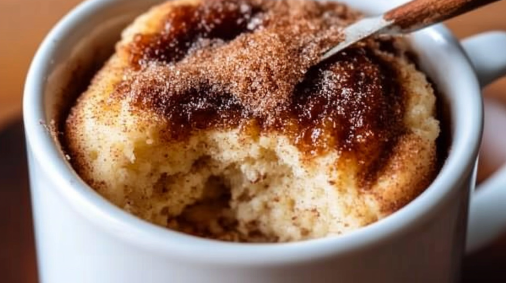 Step-by-step preparation of Churro-Style Cottage Cheese Mug Cake showing blended batter and cinnamon sugar topping