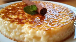 Tarta de arroz con leche sin horno con base de galletas, superficie espolvoreada con canela y decorada con ralladura de limón