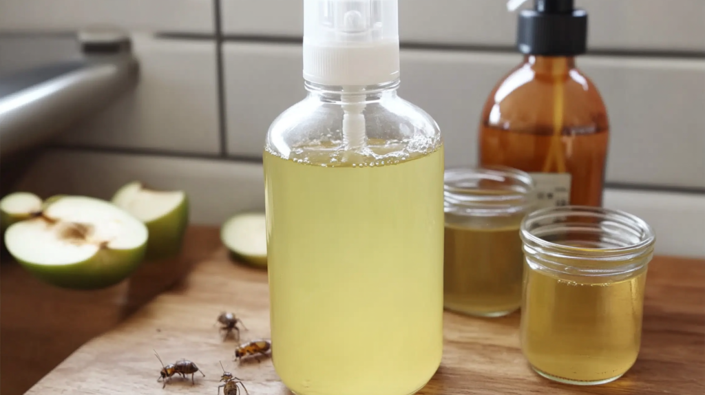 Botella rociadora con solución casera repelente de pulgas, hormigas y cucarachas junto a ingredientes naturales como aceites esenciales, vinagre y hierbas aromáticas