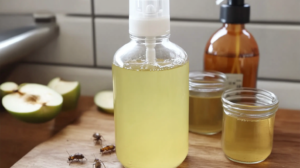 Botella rociadora con solución casera repelente de pulgas, hormigas y cucarachas junto a ingredientes naturales como aceites esenciales, vinagre y hierbas aromáticas