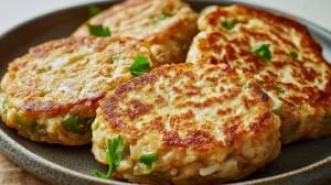 Tortitas de atún saludables doradas y crujientes servidas en plato blanco con ensalada fresca y rodajas de limón