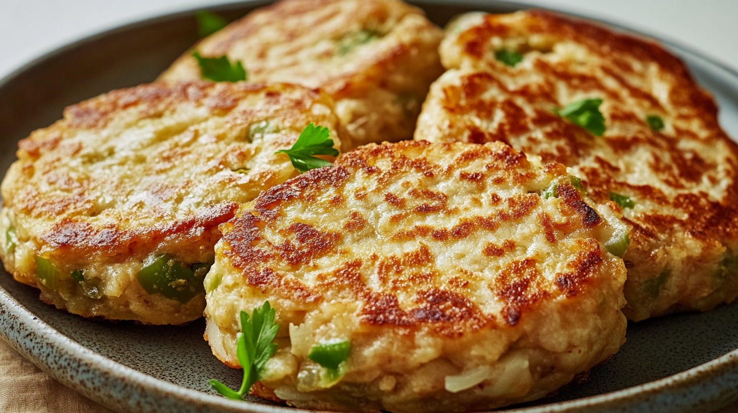 Tortitas de atún saludables doradas y crujientes servidas en plato blanco con ensalada fresca y rodajas de limón