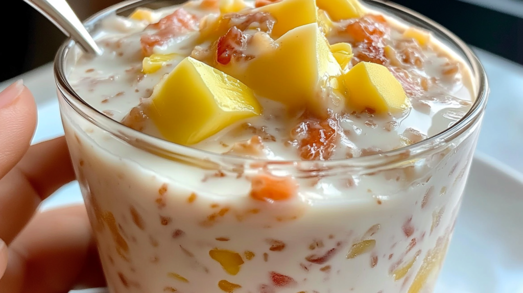 Proceso de preparación del Postre Cremoso de Durazno mostrando ingredientes frescos y el paso de incorporación de la crema batida a la mezcla de queso crema.