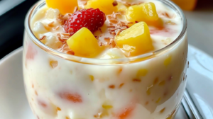 Postre cremoso de durazno servido en copa de cristal mostrando hermosas capas de crema blanca y compota de duraznos, decorado con rodajas frescas de durazno y hojas de menta.