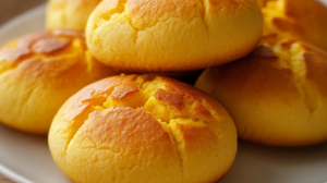 Panecillos de maíz dorados recién horneados en molde para muffins sobre mesa de cocina rústica con mantequilla y miel