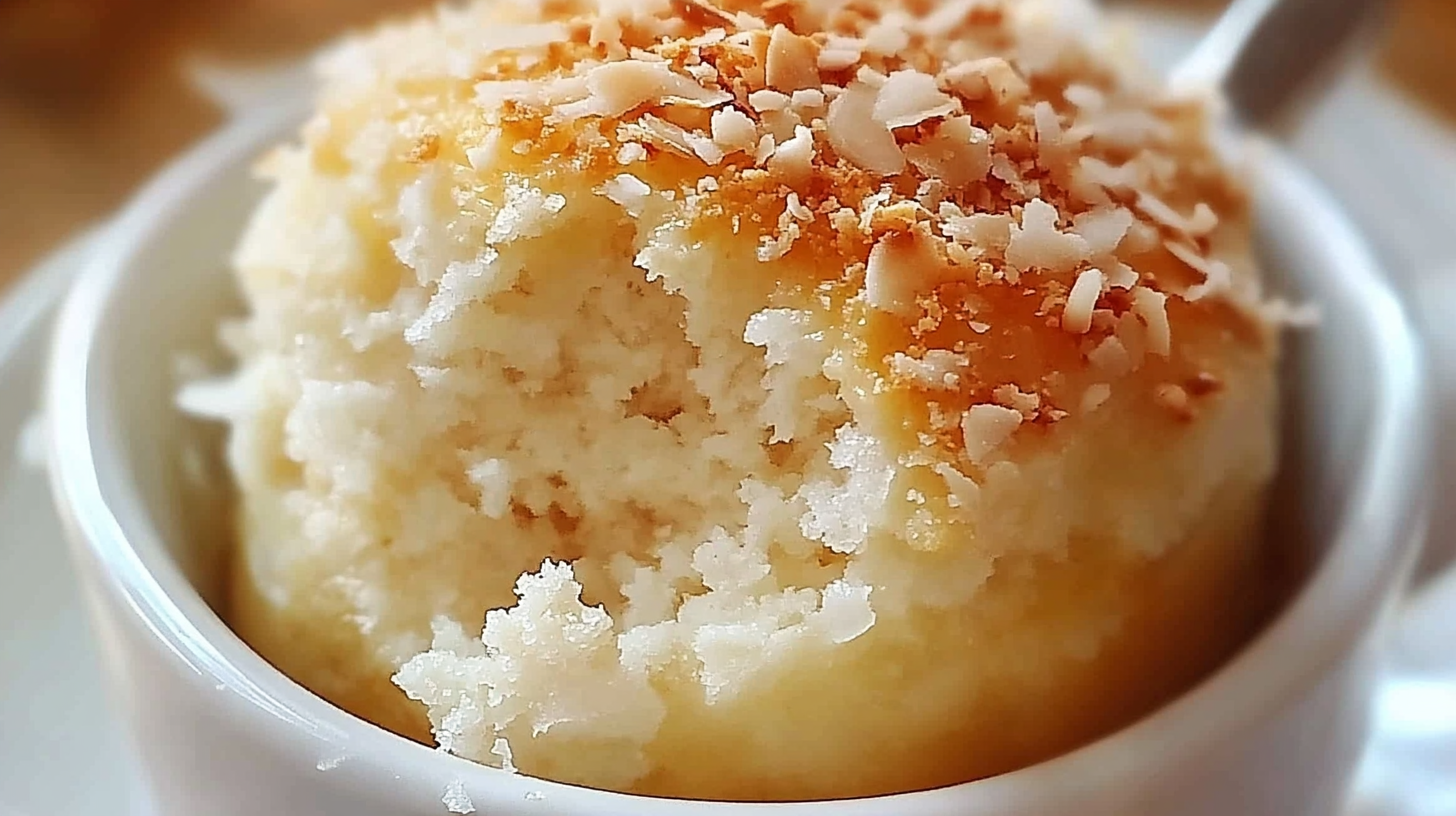 Homemade coconut almond mug cake topped with sliced almonds, shredded coconut, and a small scoop of vanilla ice cream melting on the warm cake surface