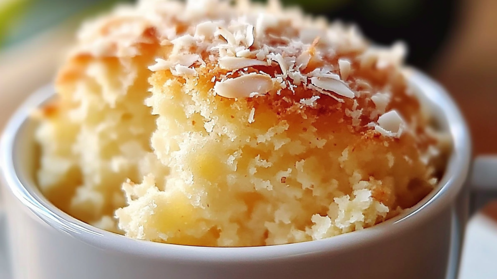 Step-by-step preparation of coconut almond mug cake showing ingredients, mixing, and the finished cake with almonds and coconut garnish